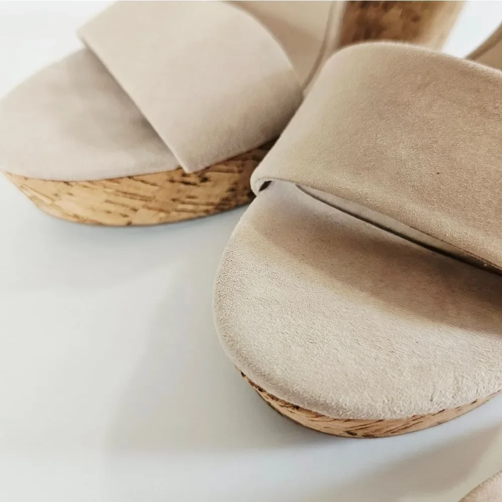Saks Fifth Avenue Mckenna Cork & Suede Leather Wrap Platform Wedge Sandals 8.5